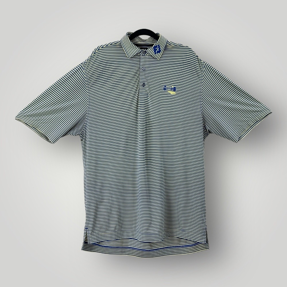 Foot Joy Polo Shirt Mens LARGE Green Blue Striped Embroidered Musgrove CC